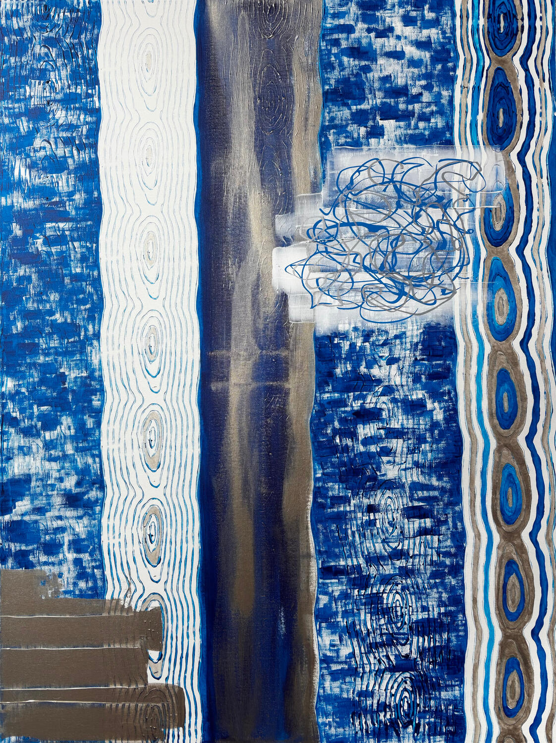 "Mirrored Strength", a couple energy portrait in navy blue, white, and tin by Layla Messner. Unique 10th anniversary wedding gift.