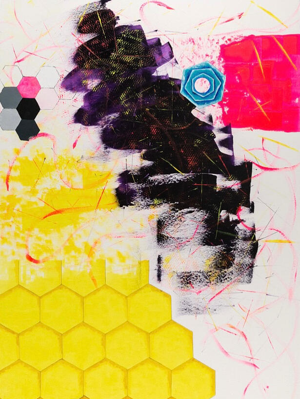 "The Beekeeper" by Layla Messner. Abstract expressionist painting, acrylic on canvas, featuring a hexagonal beehive pattern and graffitti style elements.