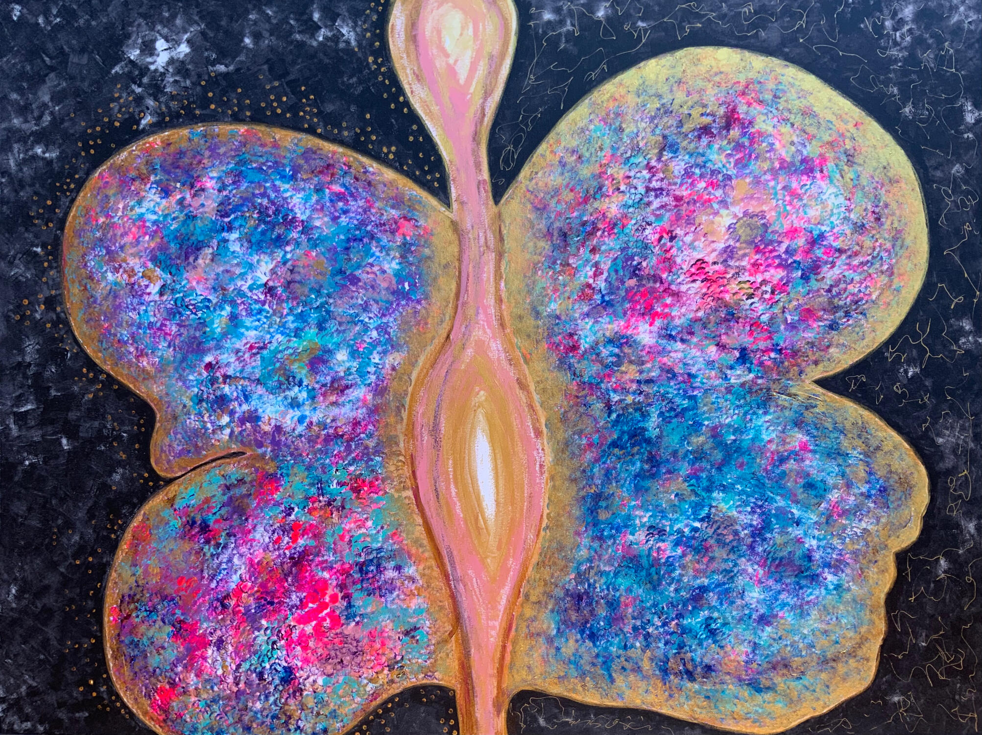 "Butterfly Soul" by Layla Messner. An acrylic painting of a colourful butterfly shining in the dark, featuring pointillism.