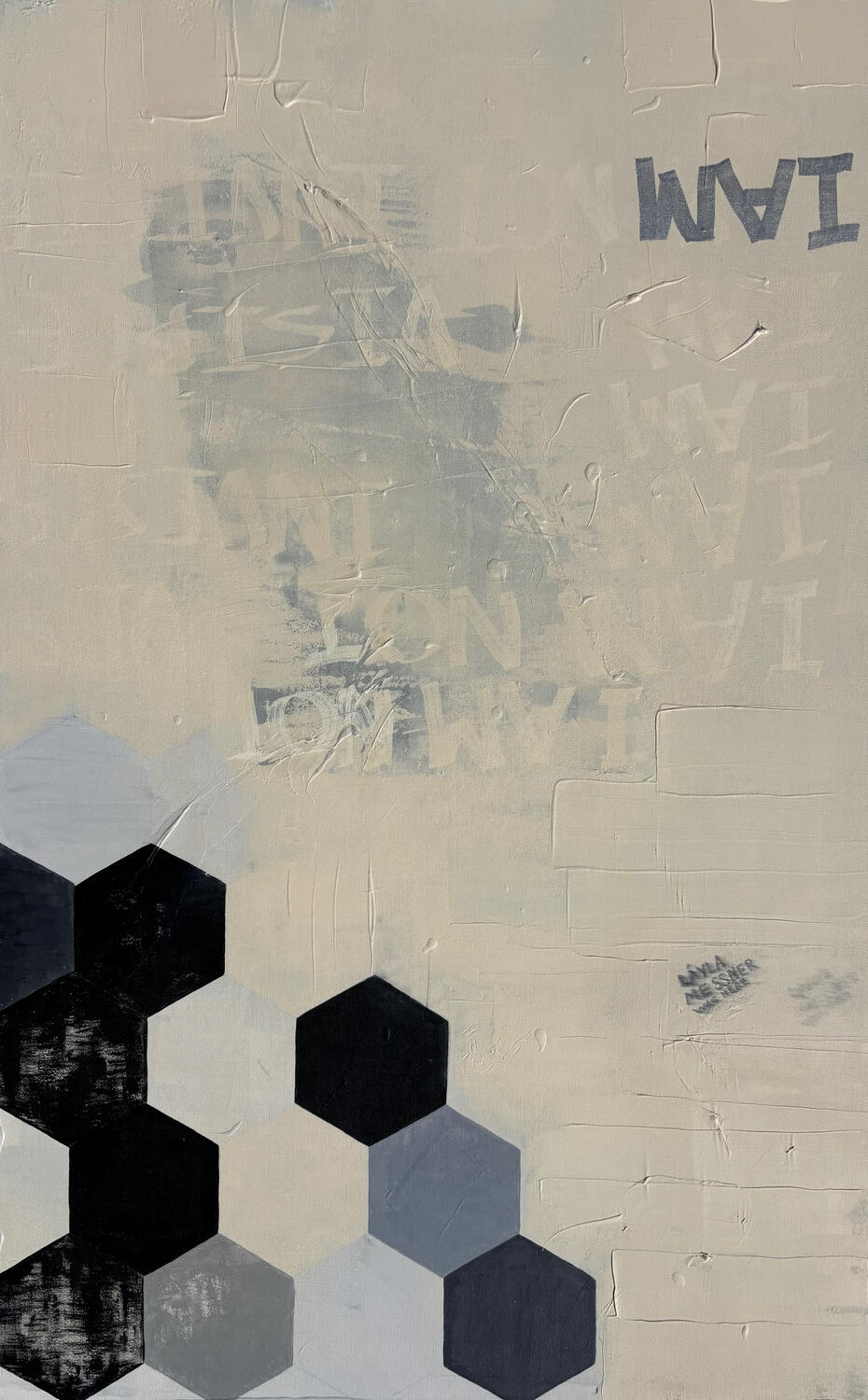 An contemporary expressionist painting about invisible disability by autistic art activist Layla Messner, featuring a grayscale beehive pattern and graffiti style elements.