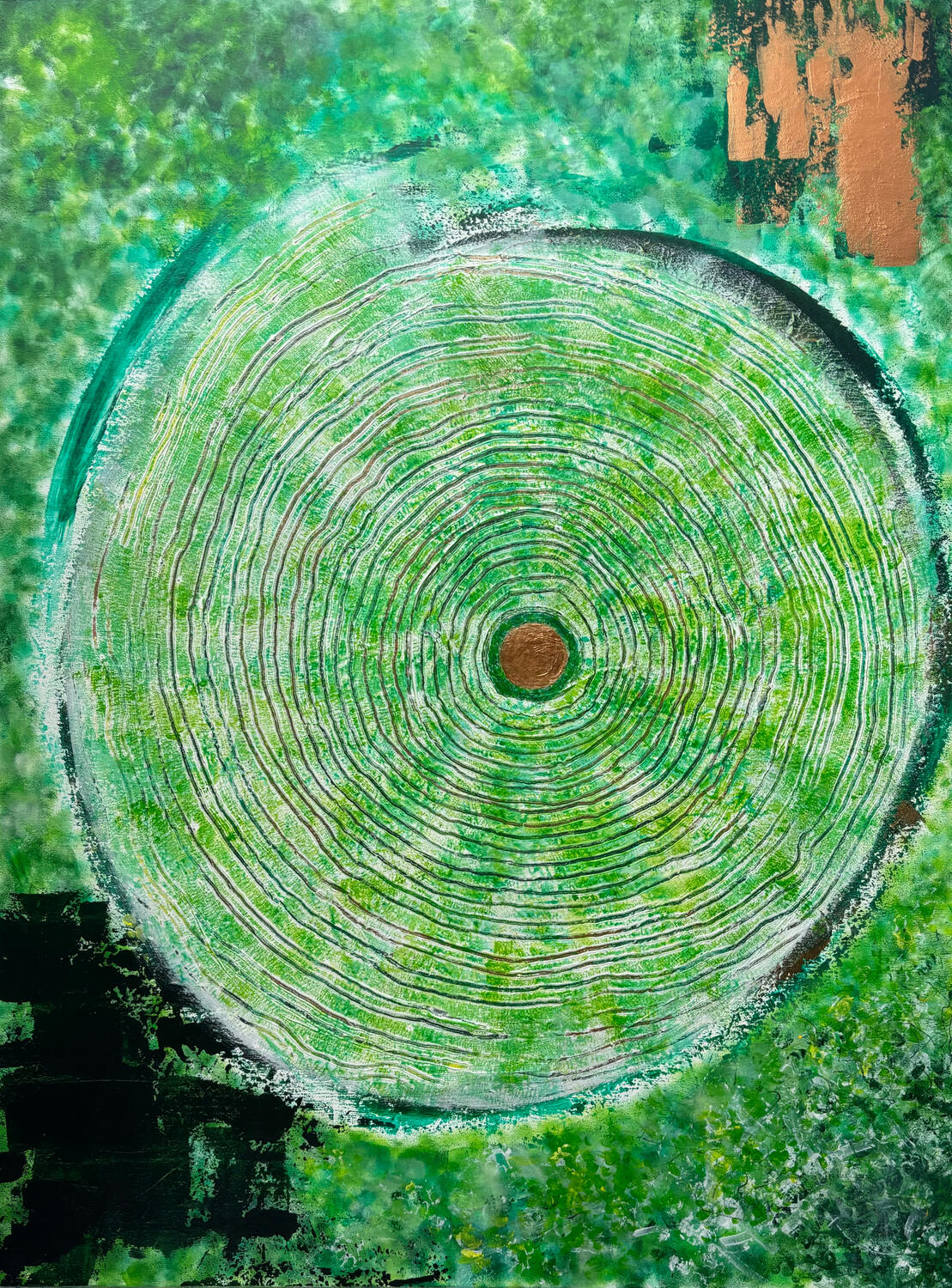 "Forest Bathing" by Layla Messner. Contemporary expressionist painting, acrylic on canvas. An abstract depiction of tree rings.